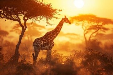 A giraffe stands next to a tree on the savanna field