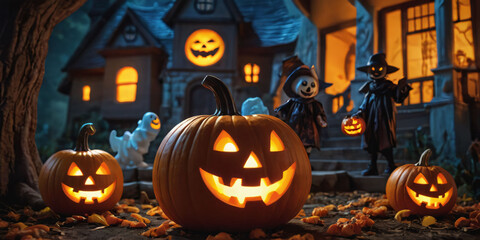 halloween celebration symbols : haunted house, pumpkin, ghost , fear and mystery