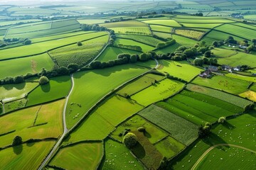 High altitude view of patchwork green fields in rural Wales