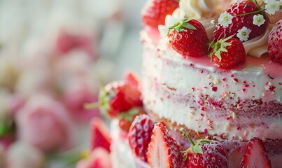 Strawberry Cake Close Up of Cream and Rose Sponge Layers with Fresh Mastic Decoration, Generative AI