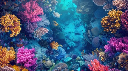 A top view of a vibrant coral reef with colorful marine life and crystal-clear water, providing a breathtaking underwater scene