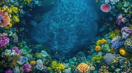 A top view of a vibrant coral reef with colorful marine life and crystal-clear water, providing a breathtaking underwater scene