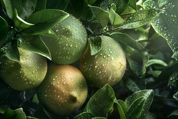 A cluster of green apples hanging from a tree, surrounded by lush green leaves in natural daylight - Powered by Adobe