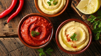 Gourmet homemade hummus and roasted red pepper dip on rustic wooden table