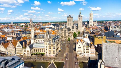 Aerial view of Gent, Belgium with a stunning skyline of tall buildings