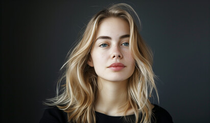 Fototapeta premium Portrait of a blonde woman with blue eyes and natural beauty, set against a dark background, highlighting her clear skin and serene expression.