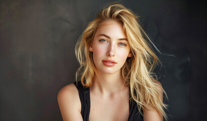 Naklejka premium Close-up portrait of a young woman with blonde hair wearing a black top on a dark background. Studio beauty photography. Skincare and natural beauty concept. Design for print and advertisement