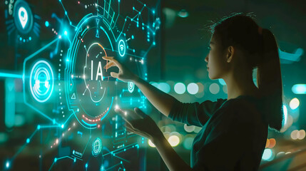 Businesswoman clicking IA hologram on display. Business office center with Artificial intelligence. Database, big data and information technology.