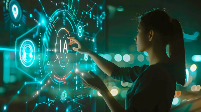 Businesswoman clicking IA hologram on display. Business office center with Artificial intelligence. Database, big data and information technology.