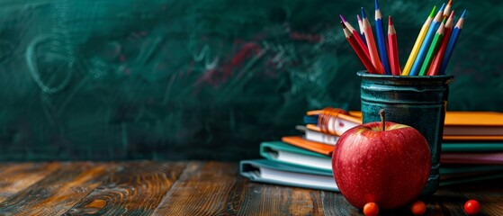 Colorful pencils in a metal holder, stack of notebooks, and a red apple on a wooden desk against a green chalkboard background in a classroom setting.