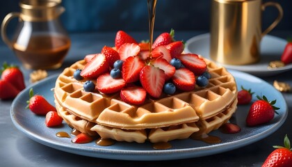 viennese waffles with strawberry and sweet syrup