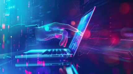 Hand of unrecognizable person working with laptop computer in business center. Data processing office with executive office staff. Displays showing statistics, graphs, customers, shipping.AI