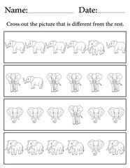 Elephant Puzzle. Printable Activity Page for Kids. Educational Resources for School for Kids. Kids Activity Worksheet. Find the Different Object
