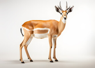 African impala safari animal facing forward standing looking for food on white background. Realistic clipart template pattern. Most of them live in Africa which is double-hoofed animal.