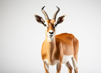 Front of African impala safari animal facing forward on white background. Realistic clipart template pattern. Most of them live in Africa which is double-hoofed animal.