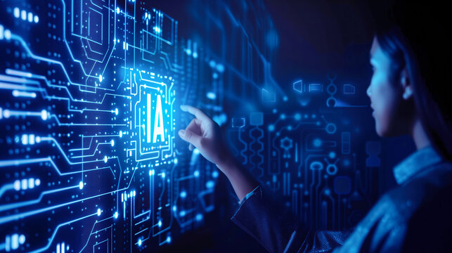 Businesswoman clicking IA hologram on display. Business office center with Artificial intelligence. Database, big data and information technology.