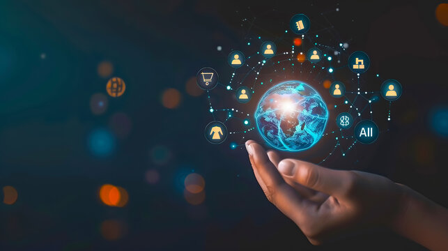 Hand of business person with a floating earth globe hologram. Business office center. Concept : Artificial Intelligence, database, big data, information, technology, communication, shipping.