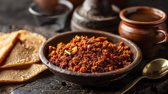 A delicious and traditional Ethiopian dish of kitfo, made with minced beef, mitmita (a spicy chili powder), and niter kibbeh (a clarified butter)