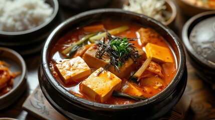 A steaming bowl of kimchi jjigae, a traditional Korean stew made with kimchi, pork, and tofu. The jjigae is served with a side of rice and kimchi.