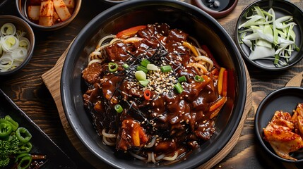 A delicious bowl of Korean black bean noodles with beef, vegetables, and a side of kimchi.