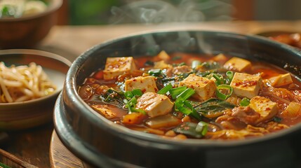 A steaming bowl of kimchi jjigae, a traditional Korean stew made with kimchi, pork, and tofu. The jjigae is served in a black cast iron pot and is garnished with green onions.
