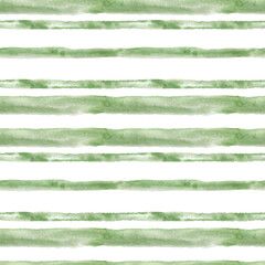 Seamless green stripes pattern. Watercolor background with hand drawn watercolor stripes in delicate green color with grain texture for textile, wrapping paper, wallpaper, home decor
