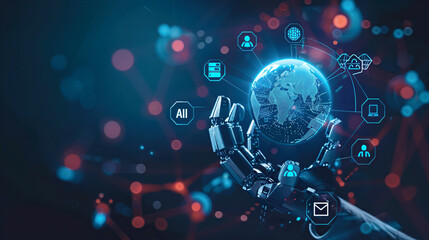  Robotic hand with a floating earth globe hologram. Business office center. Concept : Artificial Intelligence, database, big data, information, technology, communication, shipping.