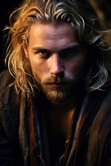 Fototapeta premium Intense, Handsome Man with Long Blond Hair Gazing Confidently in Dramatic Lighting