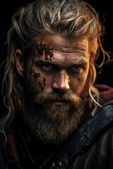 Obraz premium Intense Portrait of Bearded Man with War Paint and Piercing Gaze