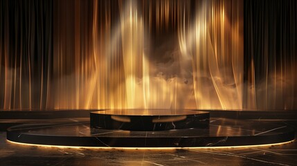 Against a backdrop of warmth and sophistication, a contemporary stage beckons, bathed in soft, golden light and featuring fluid black lines, creating the perfect ambiance for product showcases 