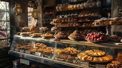A bustling Moroccan bakery with an assortment of traditional pastries and sweets, with a vibrant market scene visible through the window
