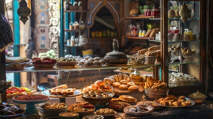 Fototapeta premium A bustling Moroccan bakery with an assortment of traditional pastries and sweets, with a vibrant market scene visible through the window