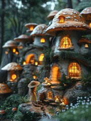 Fototapeta premium Fantasy graphic illustration of a tiny girl wearing a wide brim hat standing in a forest and looking at orange glowing gigantic mushrooms at night.
