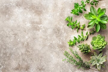 Assortment of green succulents on concrete background
