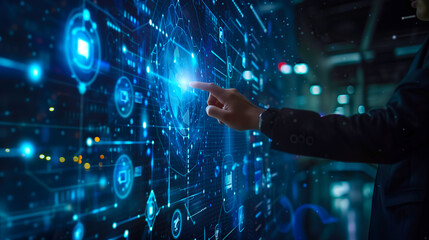 Unrecognizable business person clicking hologram on projection screen. Business center and business office. database, big data, information technology.