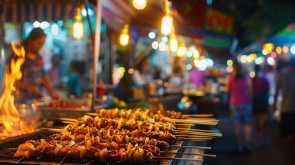 A bustling Thai night market with a vendor grilling satay skewers, with colorful lights and a lively crowd in the background