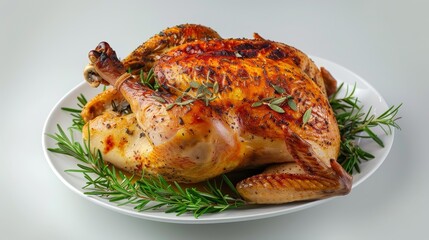 roasted whole chicken with herbs on white plate
