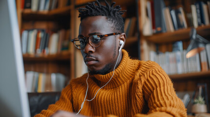 Fototapeta premium A young African American man is sitting at a table with headphones and a laptop behind a wooden table. Cute man working with headphones at home in the office.