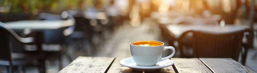 Take a picture of a cup of coffee on a wooden table with a blurred background.