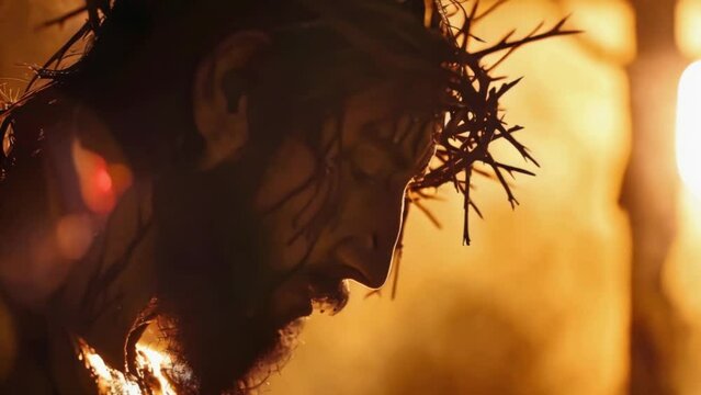 The silhouette of Jesus in a crown of thorns against the background of a flaming sunset and a cross