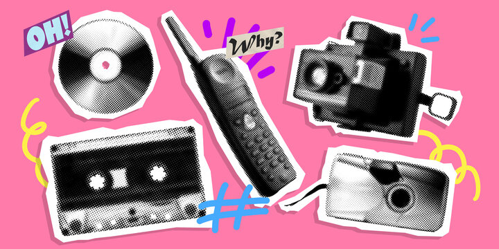 Poster. Contemporary art collage. four electronics from different eras, video and photo cameras, CD, cassette and phone. Vibrant abstract design. Concept of art, vintage things, mix old and modernity.
