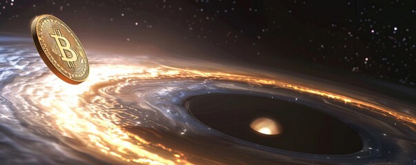 Gold Coin Hovering Over a Black Hole A gold coin perilously close to a black hole, illustrating the risks and rewards of interstellar treasure hunting
