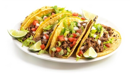 Delicious Mexican tacos with ground beef, lettuce, tomatoes, and lime wedges