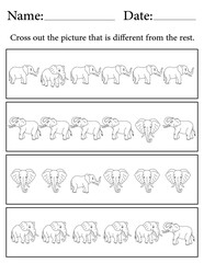 Elephant Puzzle. Printable Activity Page for Kids. Educational Resources for School for Kids. Kids Activity Worksheet. Find the Different Object