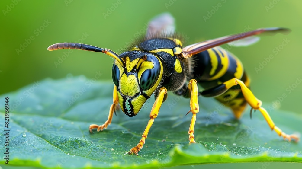 Poster wasp sitting on a leaf, displaying its distinct black and yellow stripes.