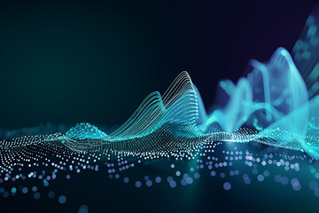 Abstract 3D glowing waves of digital particles. Technology background. AI, and big data and machine learning and digital concept background, designed for brochures, flyers, magazine, banner