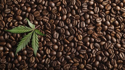 Fototapeta premium Cannabis Leaf on Roasted Coffee Beans Background