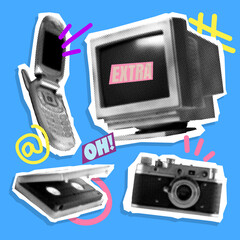 Poster. Contemporary art collage. Everyday technological devices cell phone, computer, cassette...