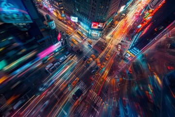 A bustling city street at night with streaks of colorful light from passing cars
