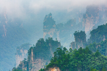 Irregularly shaped sandstone cliffs partly shrouded in fog, Zhangjiajie National Forest Park, Hunan...